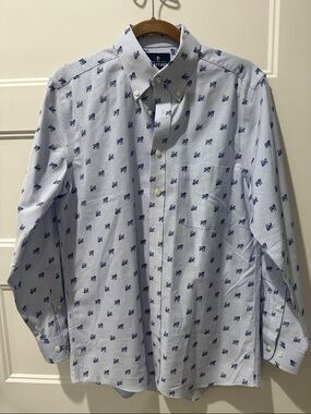 Stafford Light Blue Button-Down Shirt with Navy Dog Print
